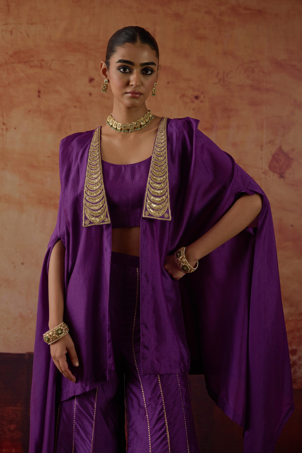 Purple Hand embroidered Cape Set