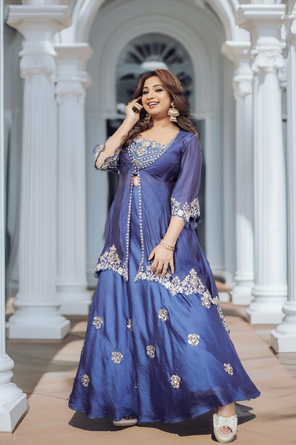 Shreya Ghoshal in our Neela Phool Jacket Set