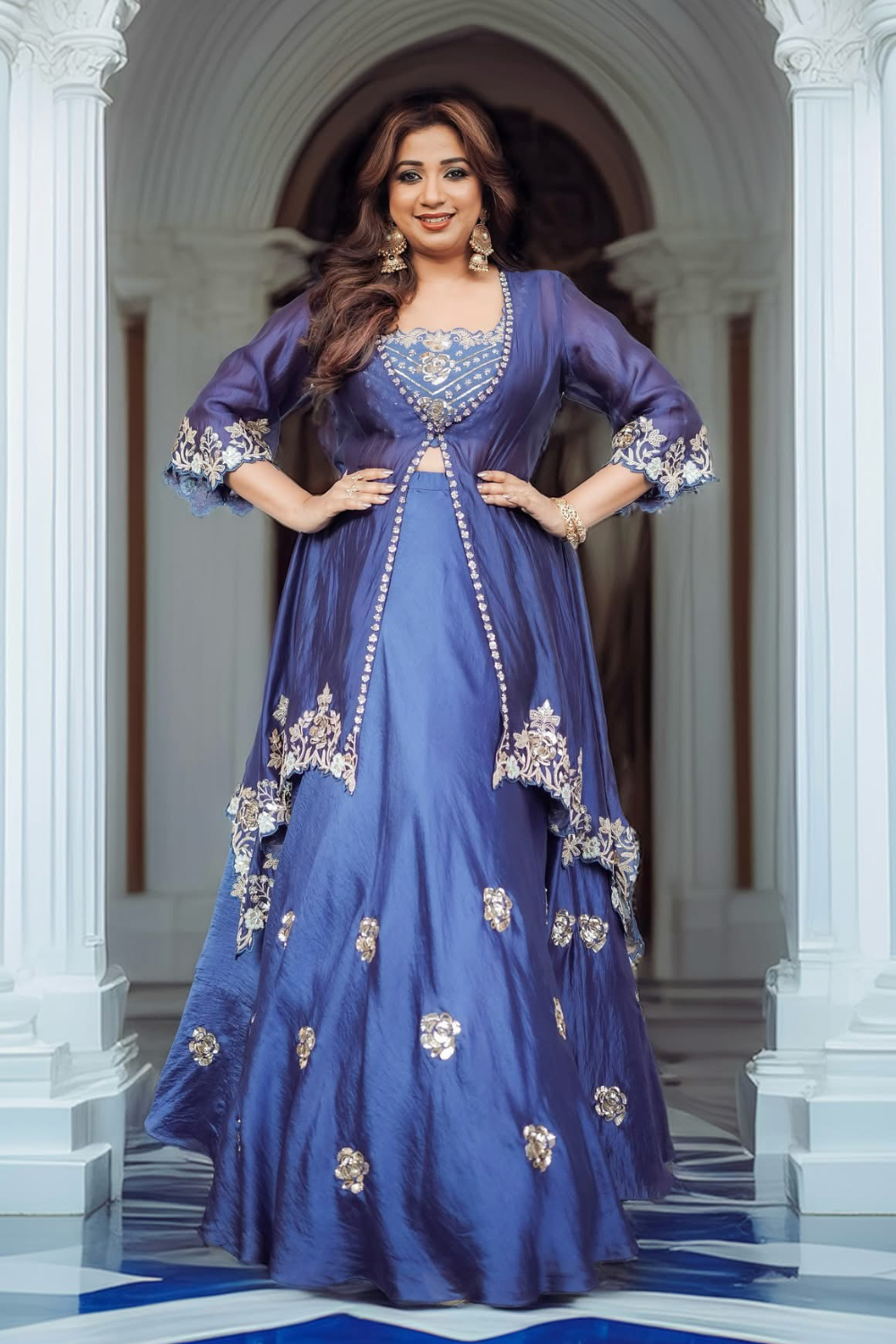 Shreya Ghoshal in our Neela Phool Jacket Set