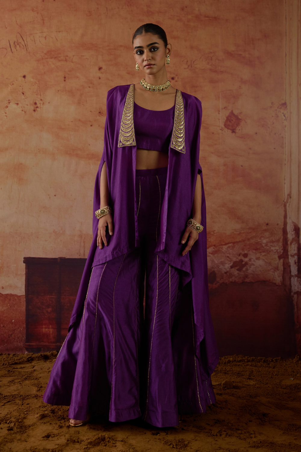 Purple Hand embroidered Cape Set